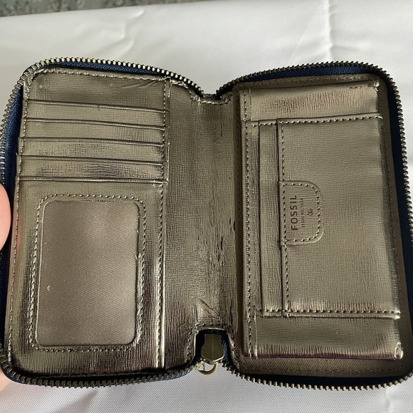 Vintage FOSSIL MEDIUM ZIP AROUND WALLET Gray Blue Geometric Metallic Leather - Picture 7 of 15
